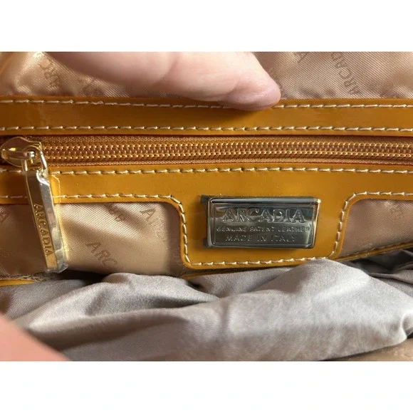 Arcadia Italy Patent Leather Satchel Mustard Yellow Embossed Handbag - Picture 9 of 13